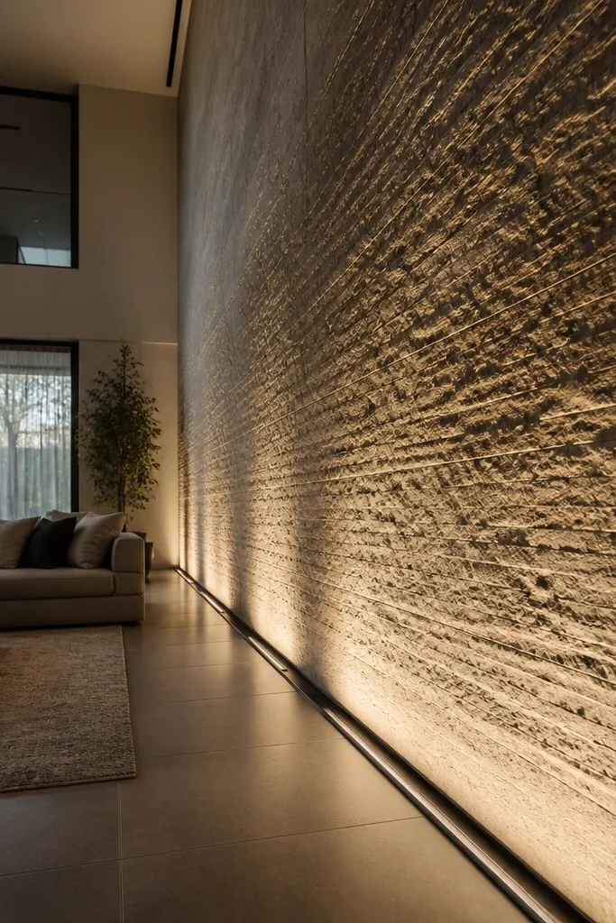 Grazing lights along a wall creating a soft sheen