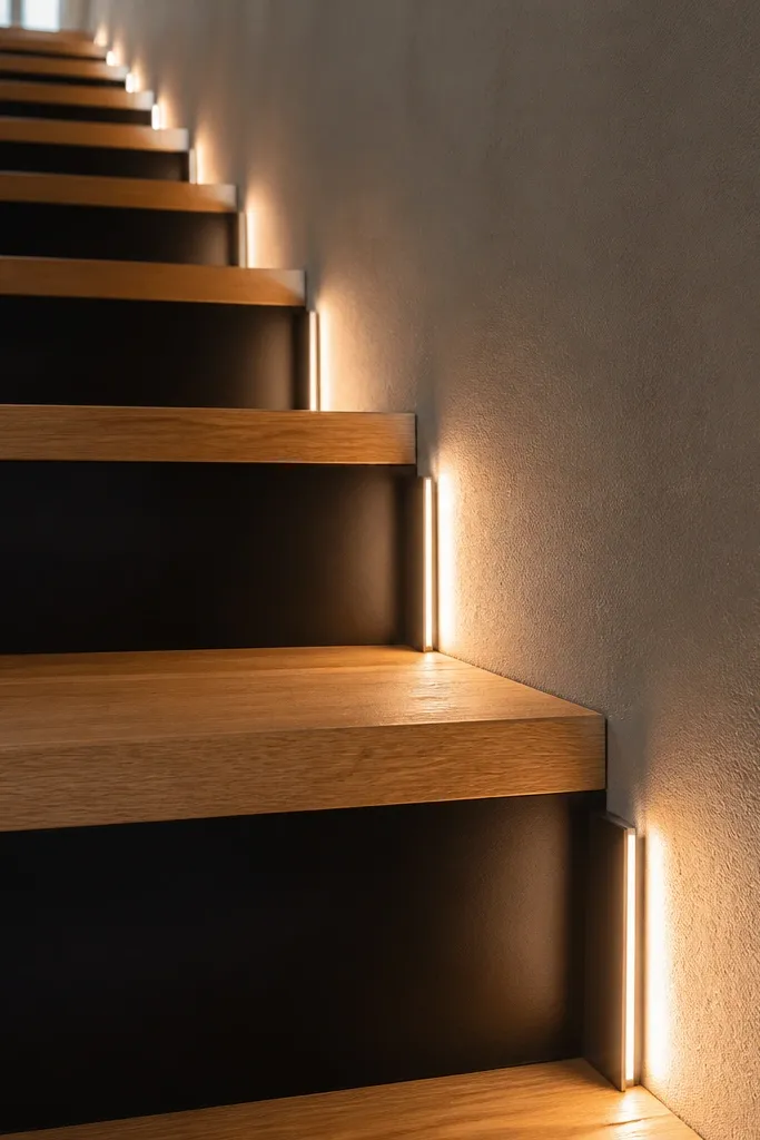 Warm LED step lights along a stair edge with gentle glow