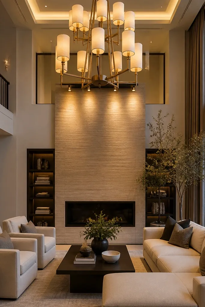 High-End Double Height Living Room Lighting Ideas