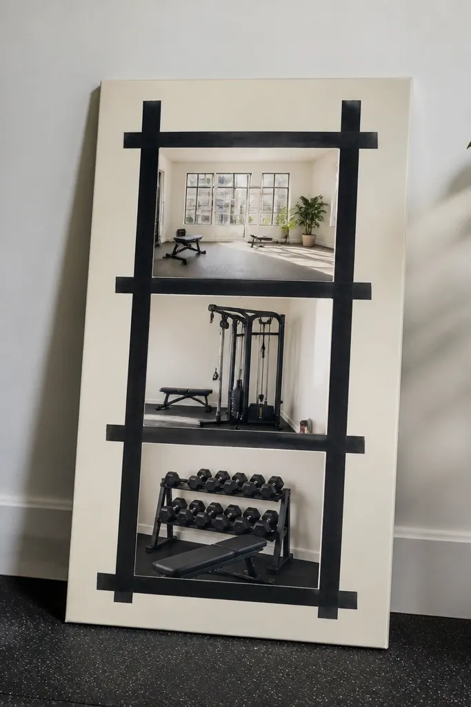Black frame collage with cream background and three stacked workout photos