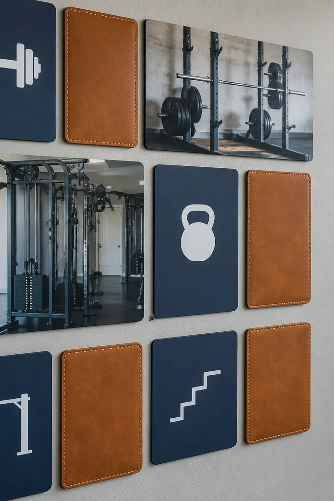 Navy board with warm tan icons and two workout photos