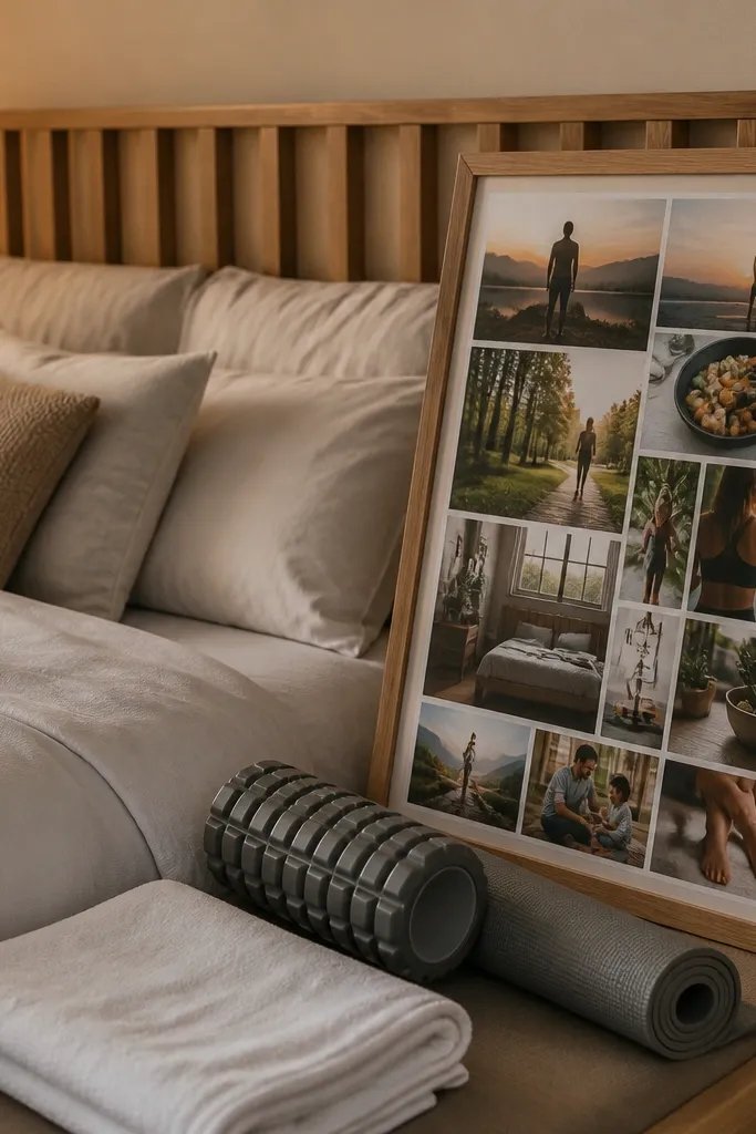 Light wood board with recovery photos and a folded towel layout