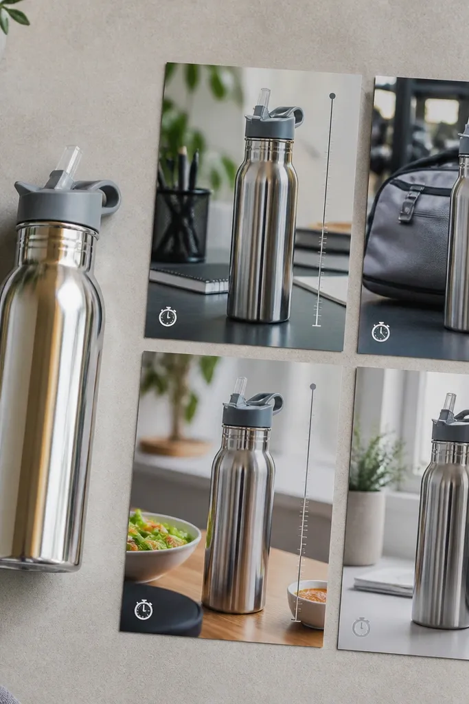 Hydration tiles with a metallic water bottle and measurement marks