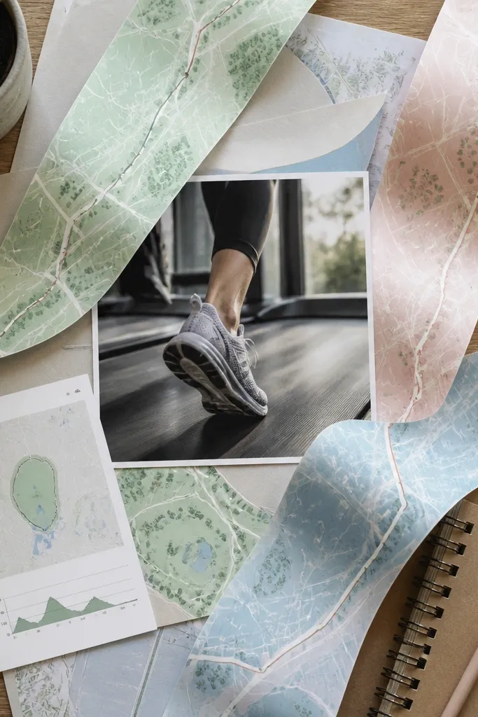 Pastel map strips and a small running shoe