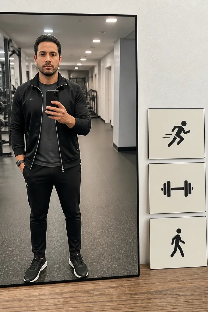 Gym mirror with minimal outfit and three small rule cards