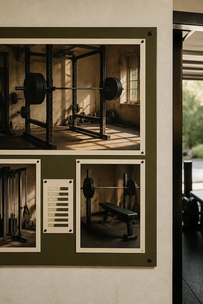 Olive background with a barbell rack and two smaller lift photos