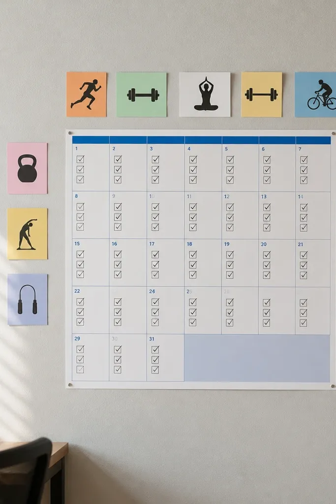 Minimal monthly calendar with bold checkboxes and small workout icons