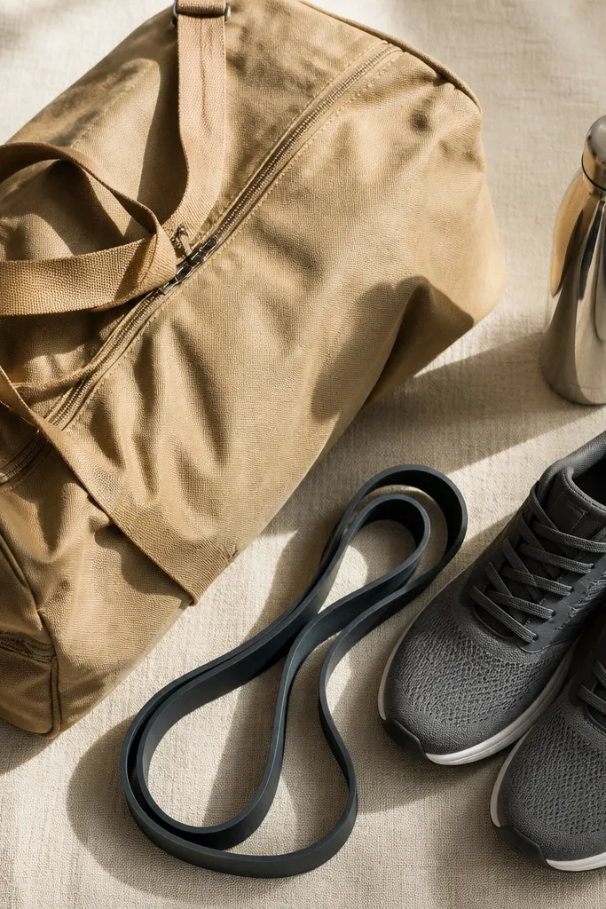 Linen background with a gym bag flat lay and a water bottle
