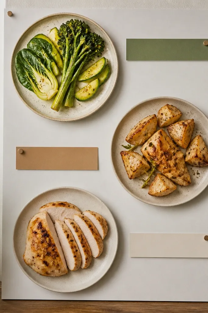 Three meal plate photos with colored label strips on a neutral board