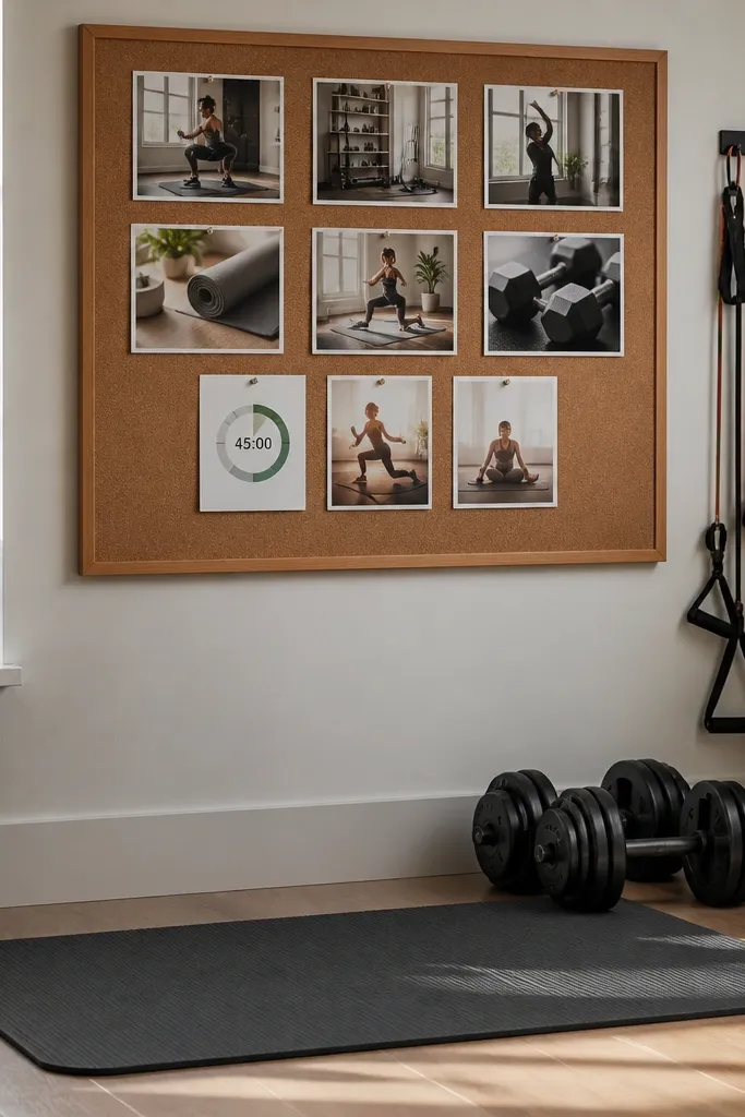 Neutral board with a timer card and two home workout photos