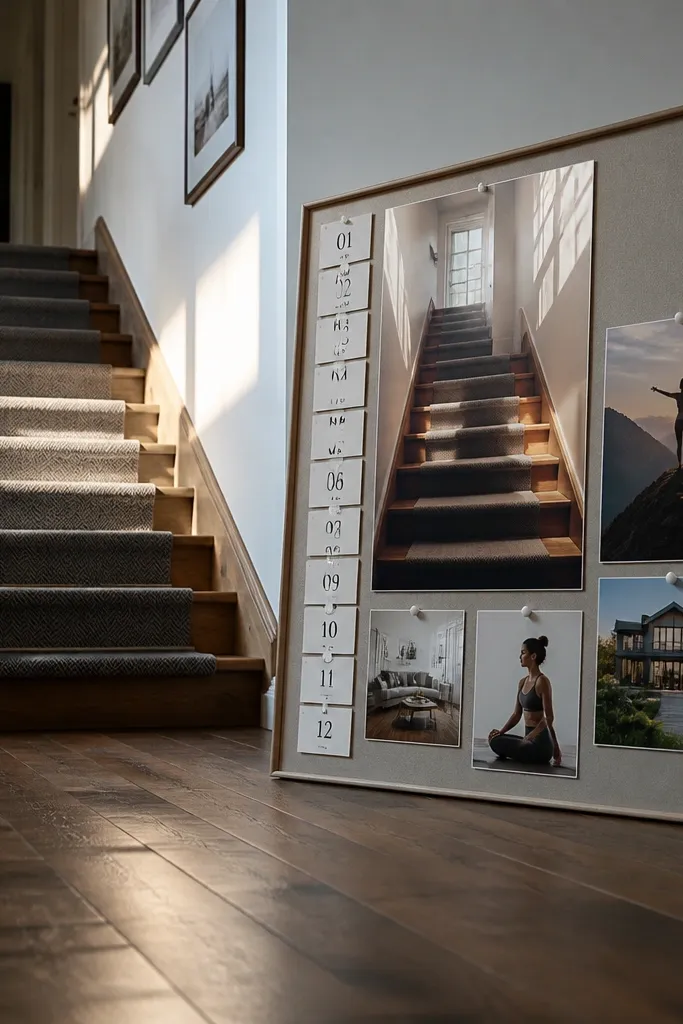 Minimal stack of three cards with stairs and step count numbers