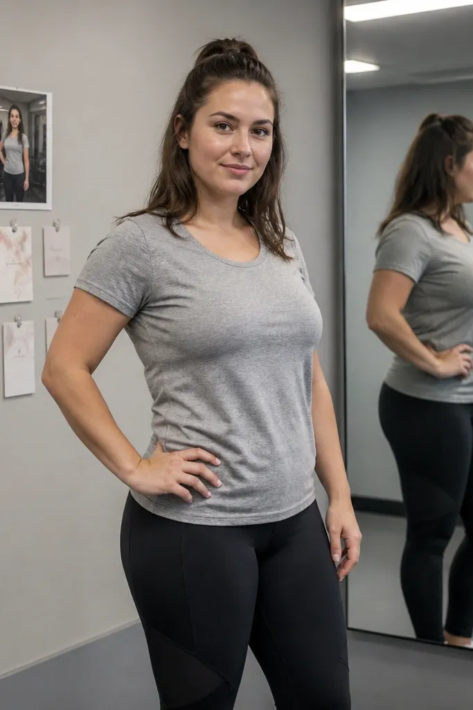 Neutral outfit gym mirror with a gray background and small motivation cards