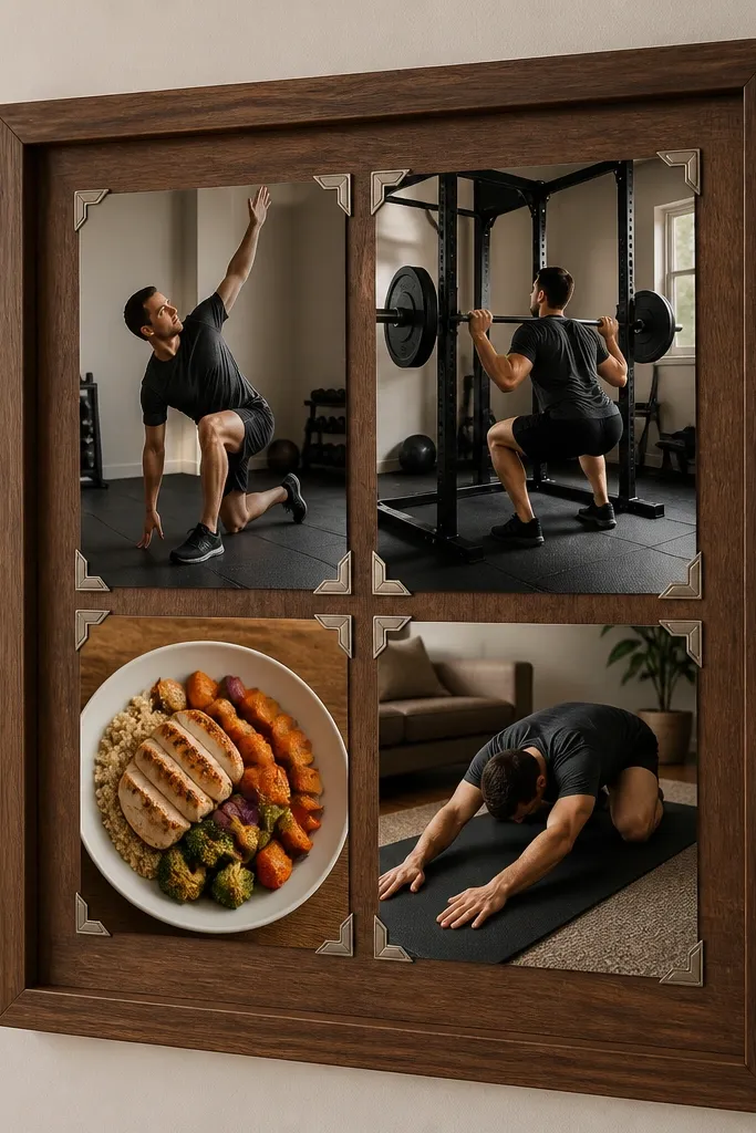 Walnut-toned board with corners holding four workout photos