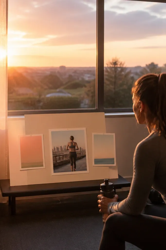 Window sunrise theme with two time cards and a workout