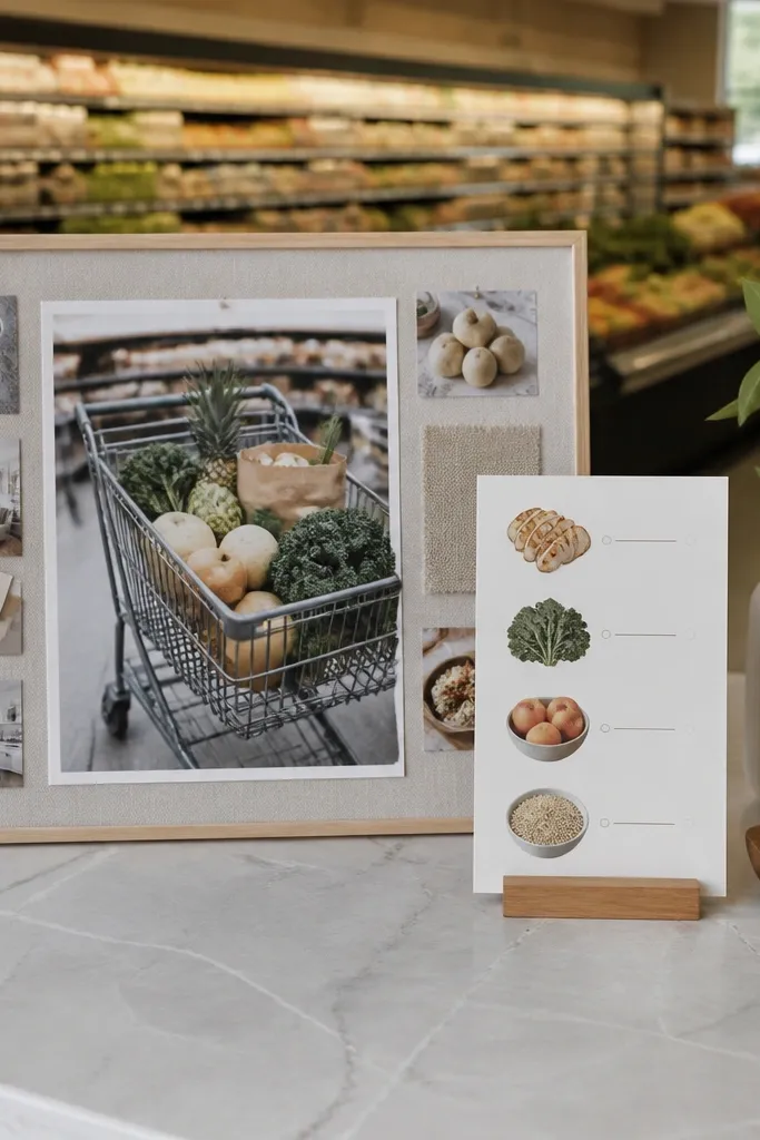 Grocery cart with a handwritten list card on a neutral board