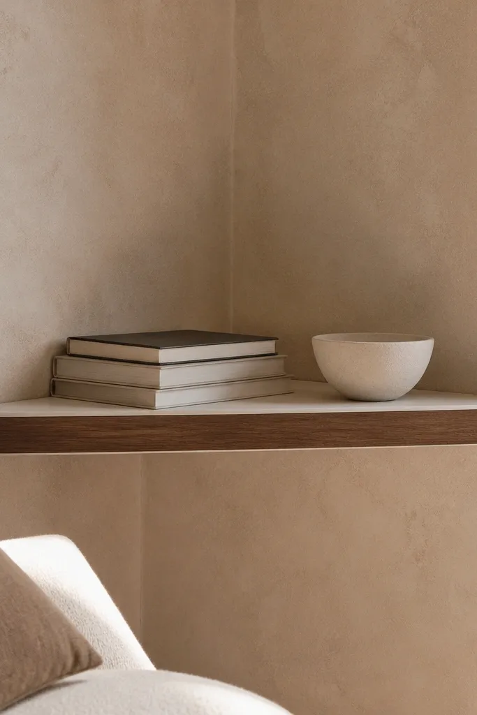 Two shelves in a corner: white top with warm wood face and a thin dark shadow line.