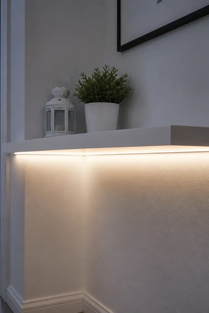White floating corner shelf with a hidden LED line glowing under the front edge.
