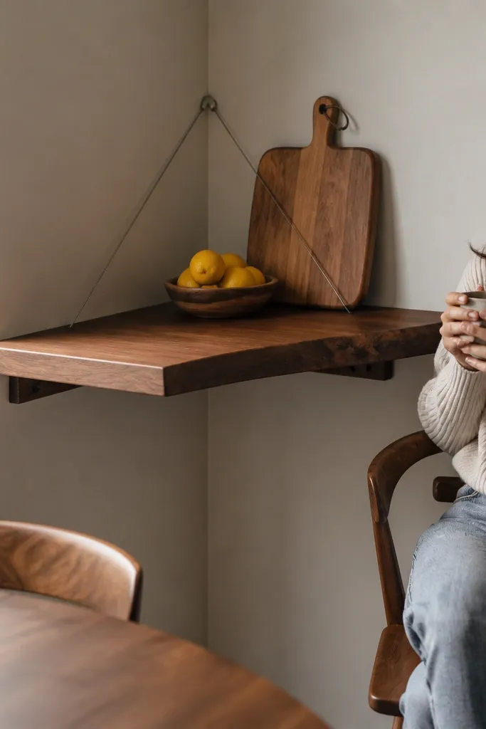 Walnut corner shelf supported by thin steel cables behind it, minimal front hardware.