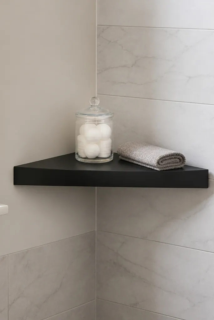 Matte black corner shelf with clean floating look and a thin wall shadow line.