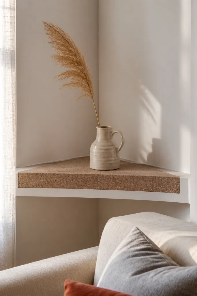 Corner shelf with textured front panel and a thin frame look around the edges.