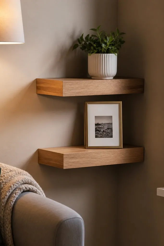 Two floating corner shelves staggered in height like steps, clean front edges.
