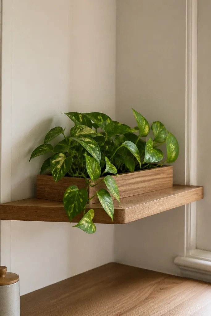 Floating corner shelf with a built-in planter bowl inset in the top.