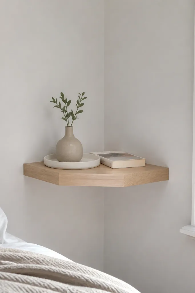 Light oak corner shelf with no visible brackets, supported behind the corner seam.