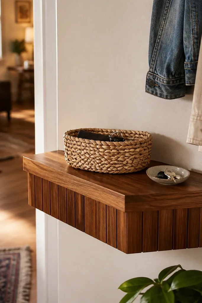 Cedar corner shelf with horizontal tongue-and-groove face panels and floating look.