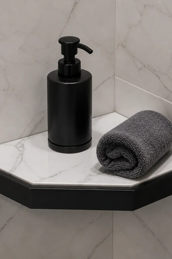 White marbleboard top with a dark frame around a floating corner shelf.