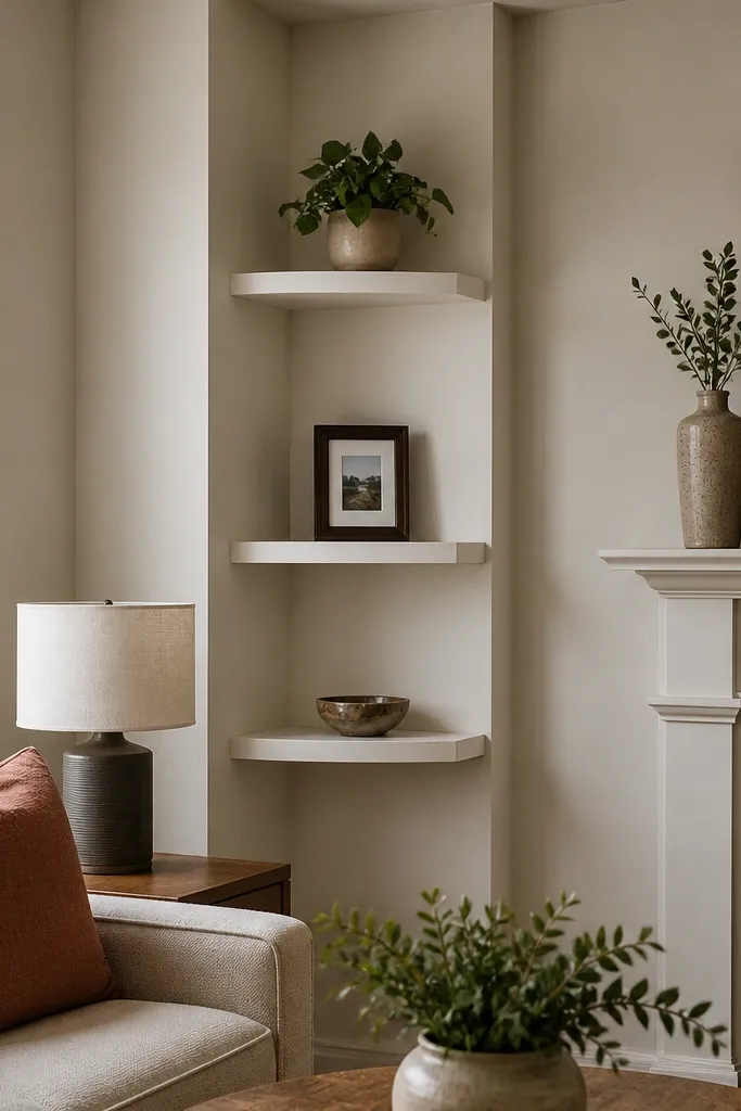 Three floating corner shelves stacked vertically with a matching back panel in between.