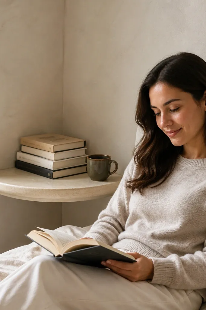 Beige corner shelf with a subtle curved front lip and soft shadow beneath it.