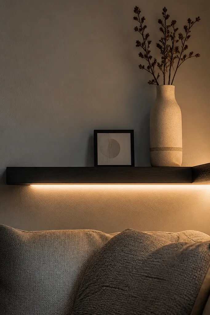 Charcoal corner shelf with a soft under-mount light line along the underside.