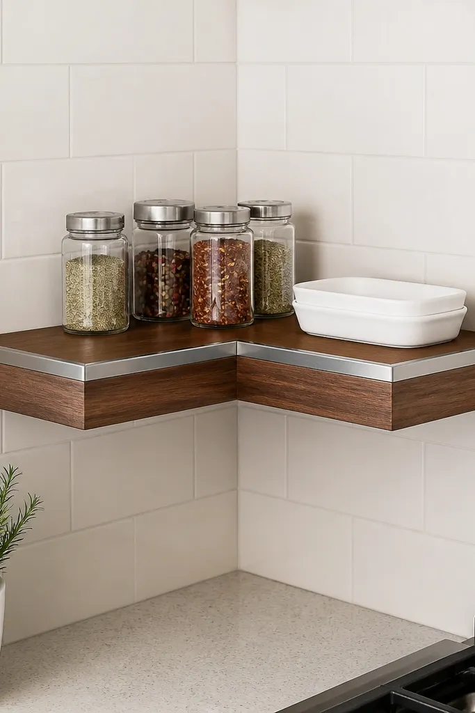 Wood floating corner shelf with brushed nickel edge trim lines on the front.