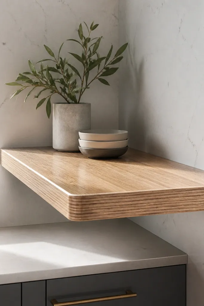 Natural wood corner shelf with thick clear finish and a glassy top coat look.