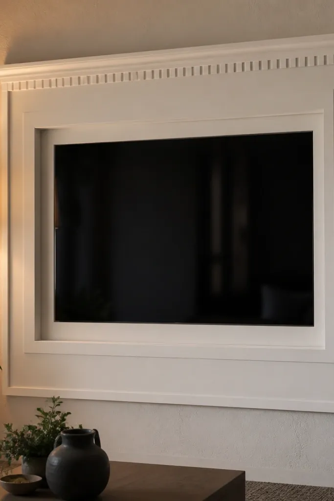 White TV wall with a centered raised panel and small dentil trim
