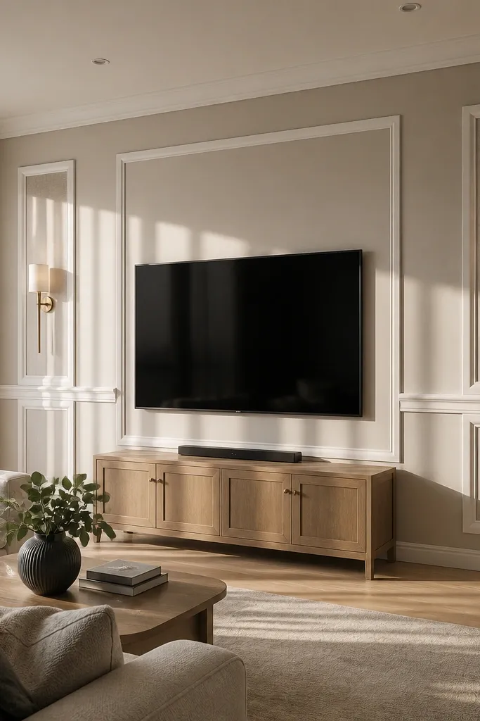 White wall with a horizontal chair-rail band and vertical moulded rectangles around TV