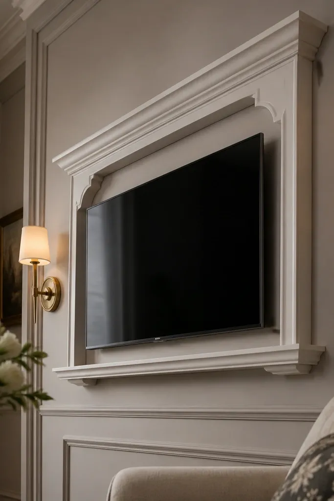 TV framed by a mantel-like surround with curved corner ornaments