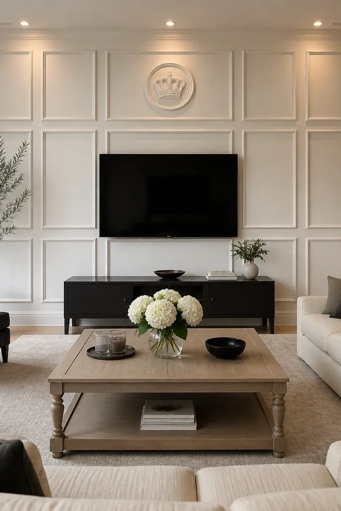 White TV wall with a raised grid of rectangles and a small crown in the center