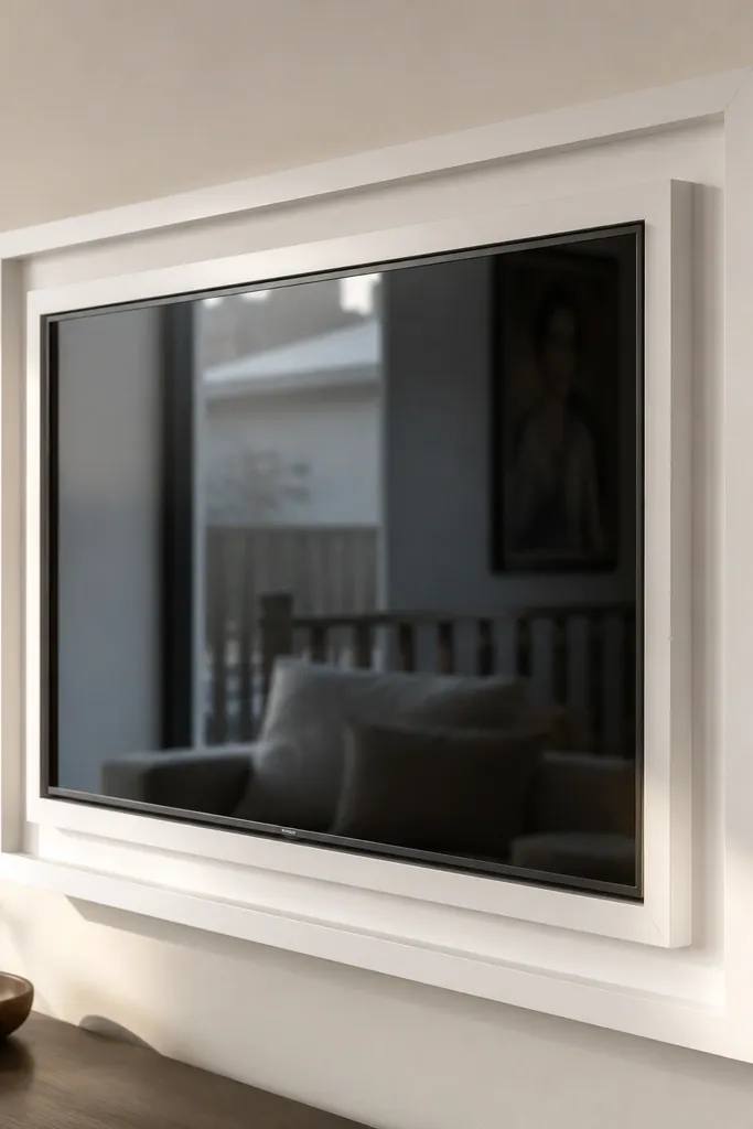 TV centered between two stacked moulding frames with a crisp inner gap