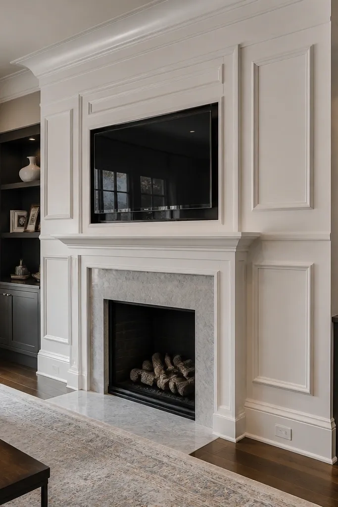 TV wall with multiple panel boxes and a raised center insert behind the TV