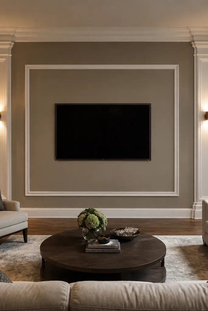 TV center panel with tall pilaster mouldings near corners