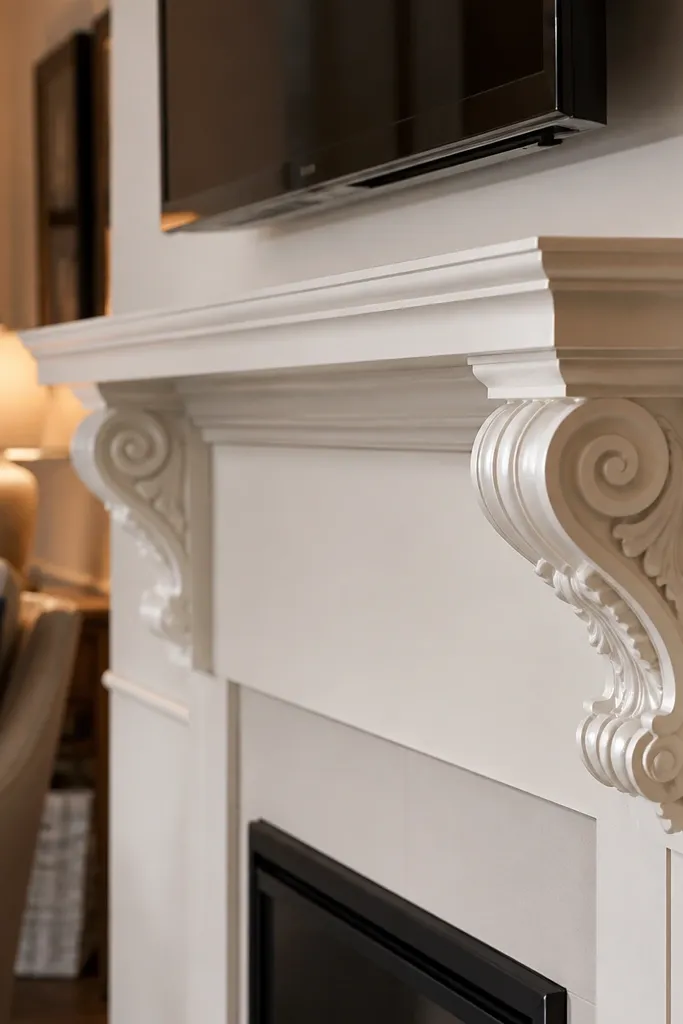 TV with a long shelf above and scroll brackets under the shelf