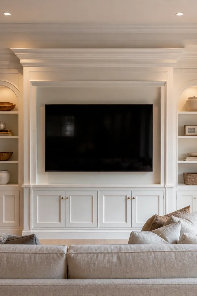 TV surrounded by layered crown-like trim and a boxed inner opening