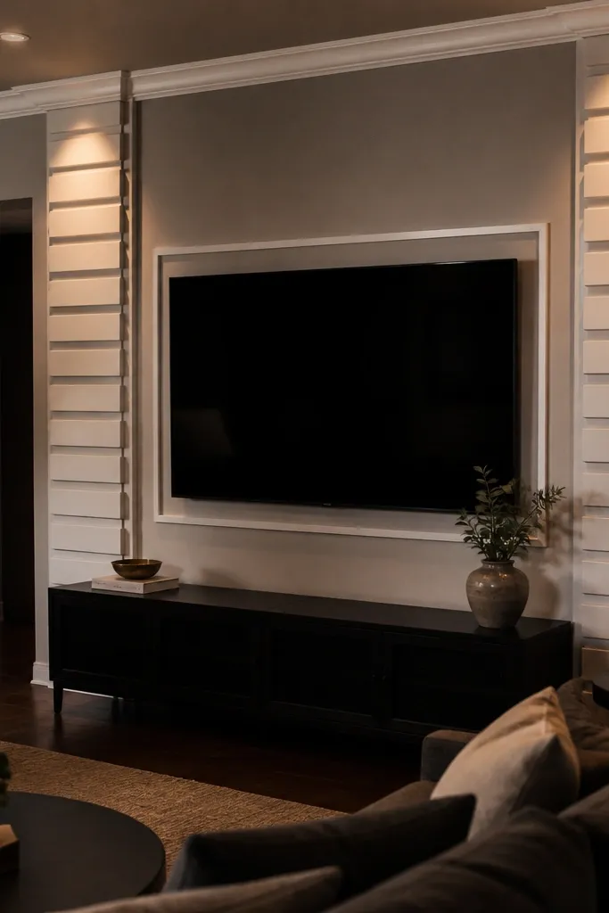 TV with raised rectangle columns on both sides and a thin border frame