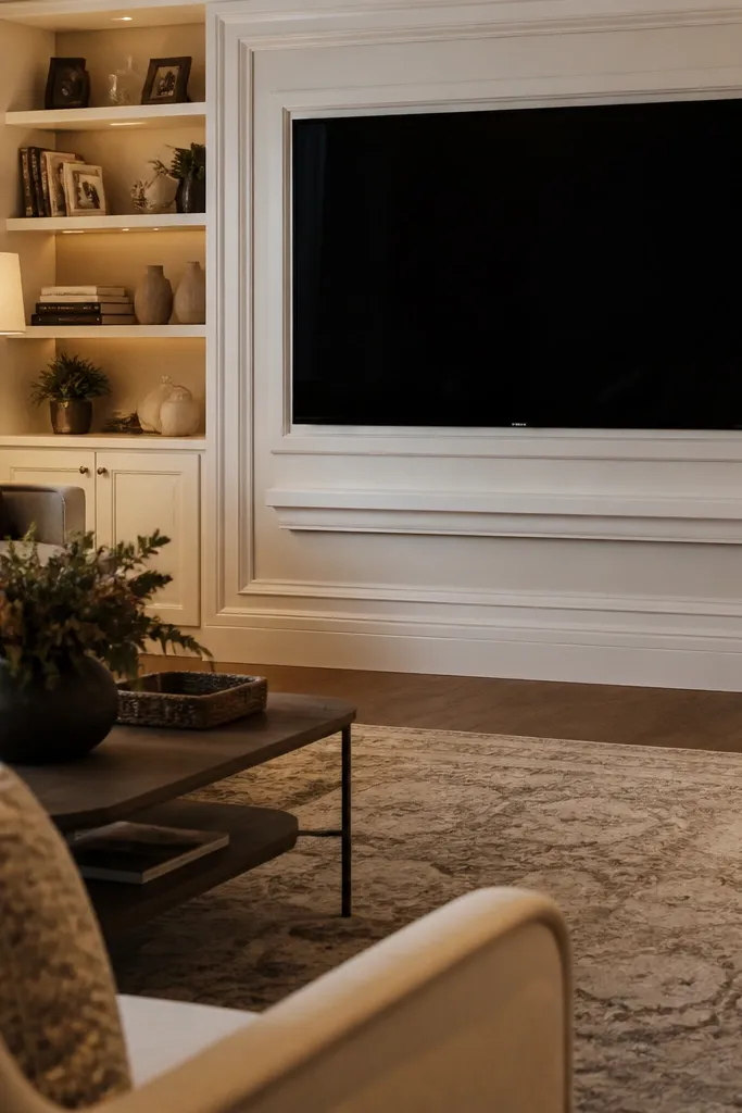 TV wall with double border lines and a decorative bottom valance strip