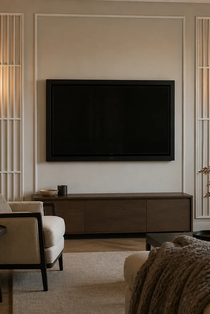 TV centered in a frame with vertical lattice moulding panels on the sides