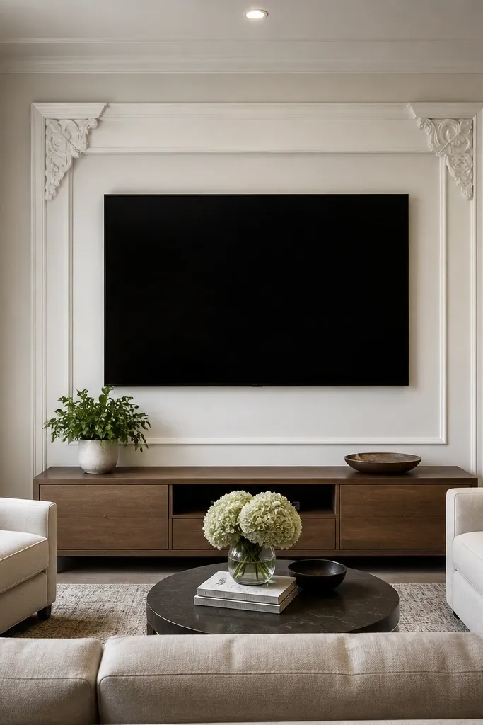 TV with simple center frame and scroll details in the upper corners