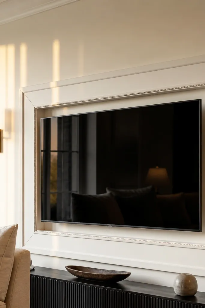 White TV wall with beaded rope trim running around the panel border