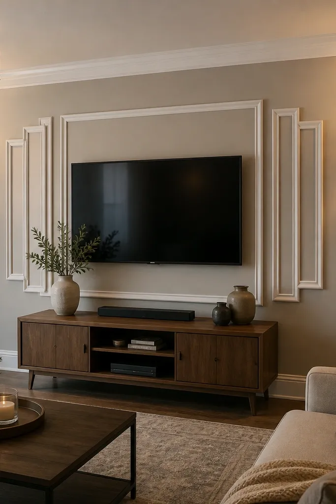 TV wall with stacked half-panels and small side accent frames
