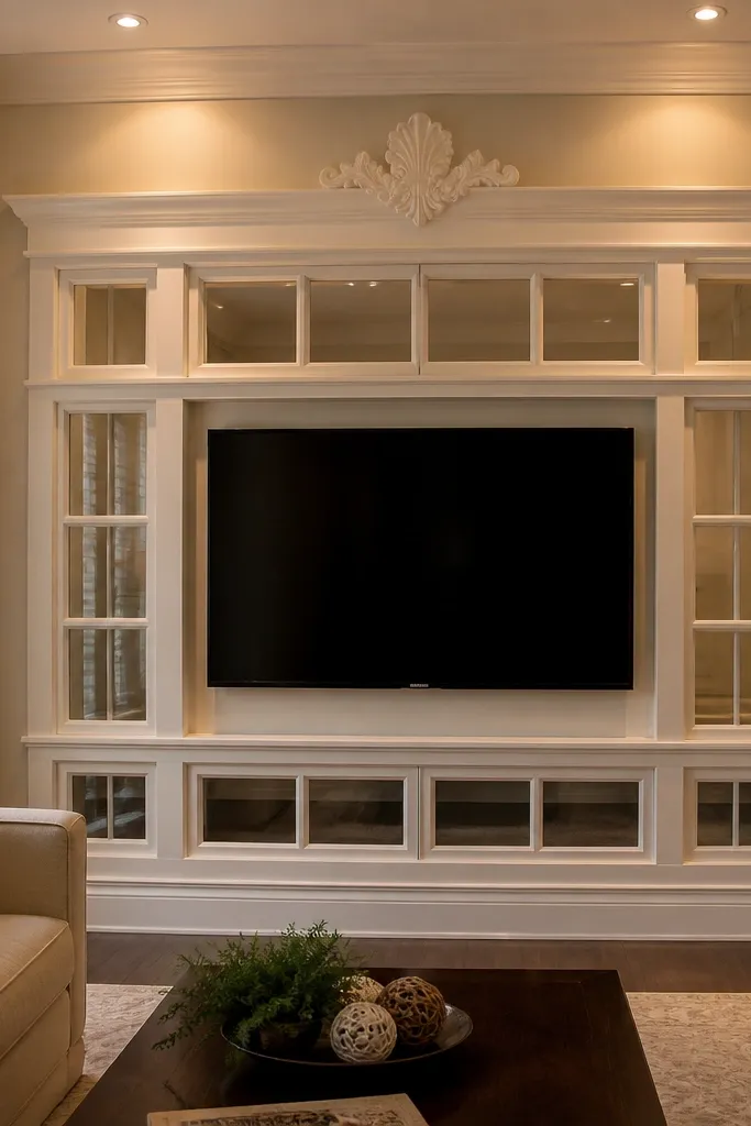 TV centered in a window-style frame with a crest detail at the top